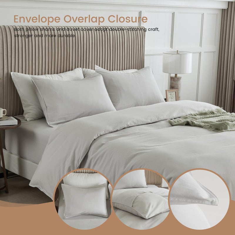 BISELINA French Linen Duvet Cover Set 3pcs with Hidden Zipper Closure Natural Flax Cotton Blend Solid Color Soft Breathable Luxury Farmhouse Bedding - King Size, Khaki Grey - Image 4